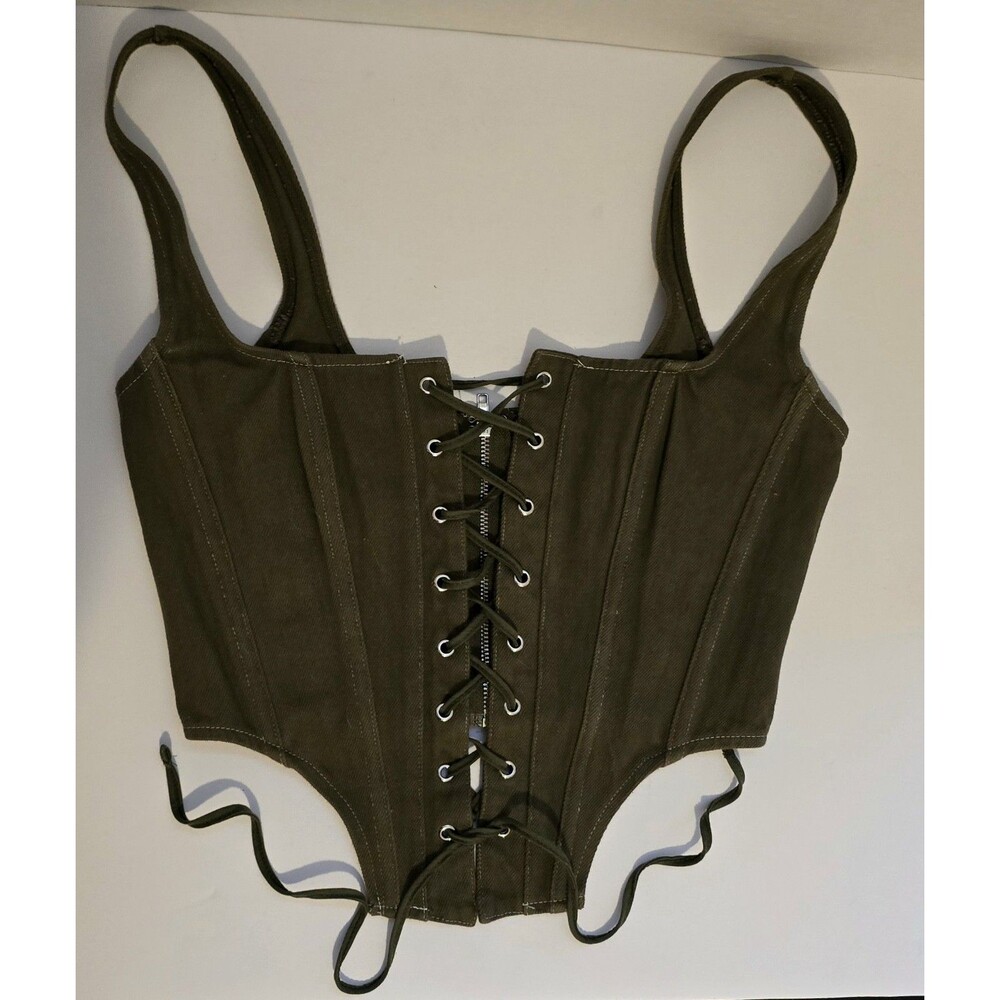 White Fox Khaki Dark Olive Green Denim Corset Top Tight Fit (size small). Sexy!
